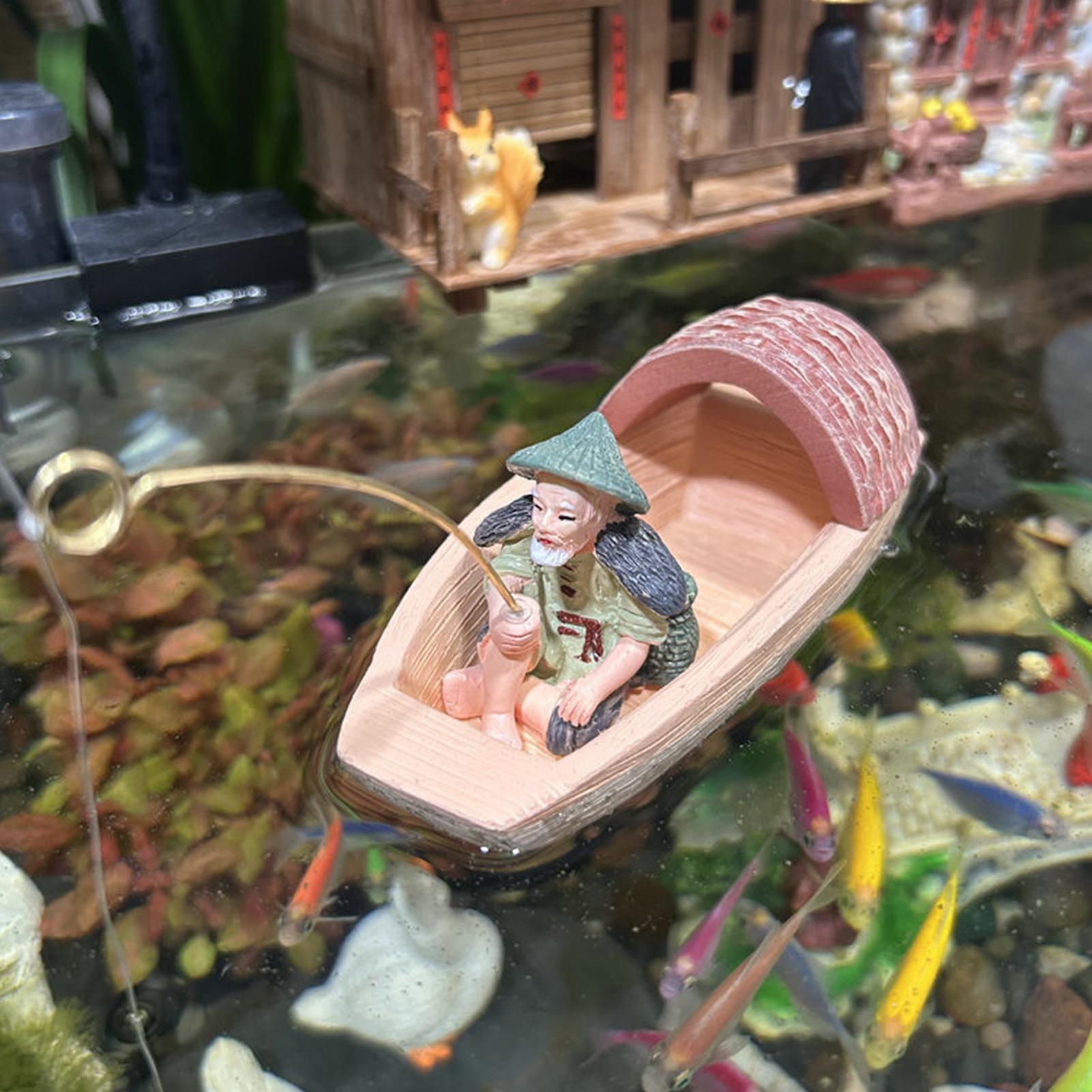 Aquarium Fish Cichlid - Resin Floating Fisherman Boat Ornament Mini